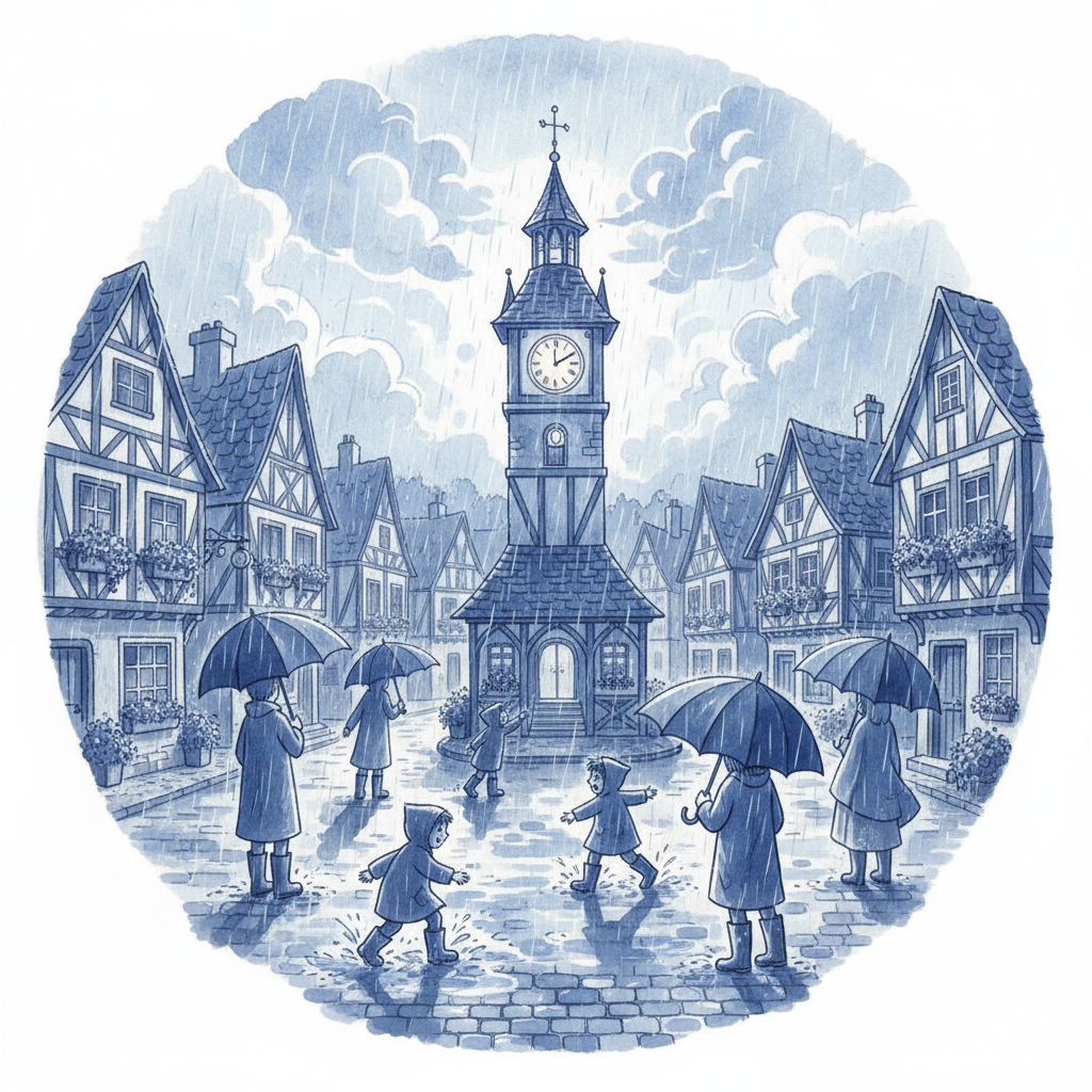 Regenachtig dorpsplein in monochroom blauw, kinderboek illustratie stijl