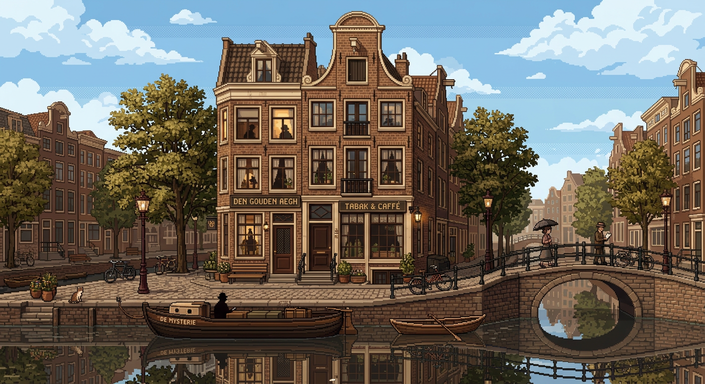 Hollands grachtenpand in pixel art, mysterieuze sepia sfeer