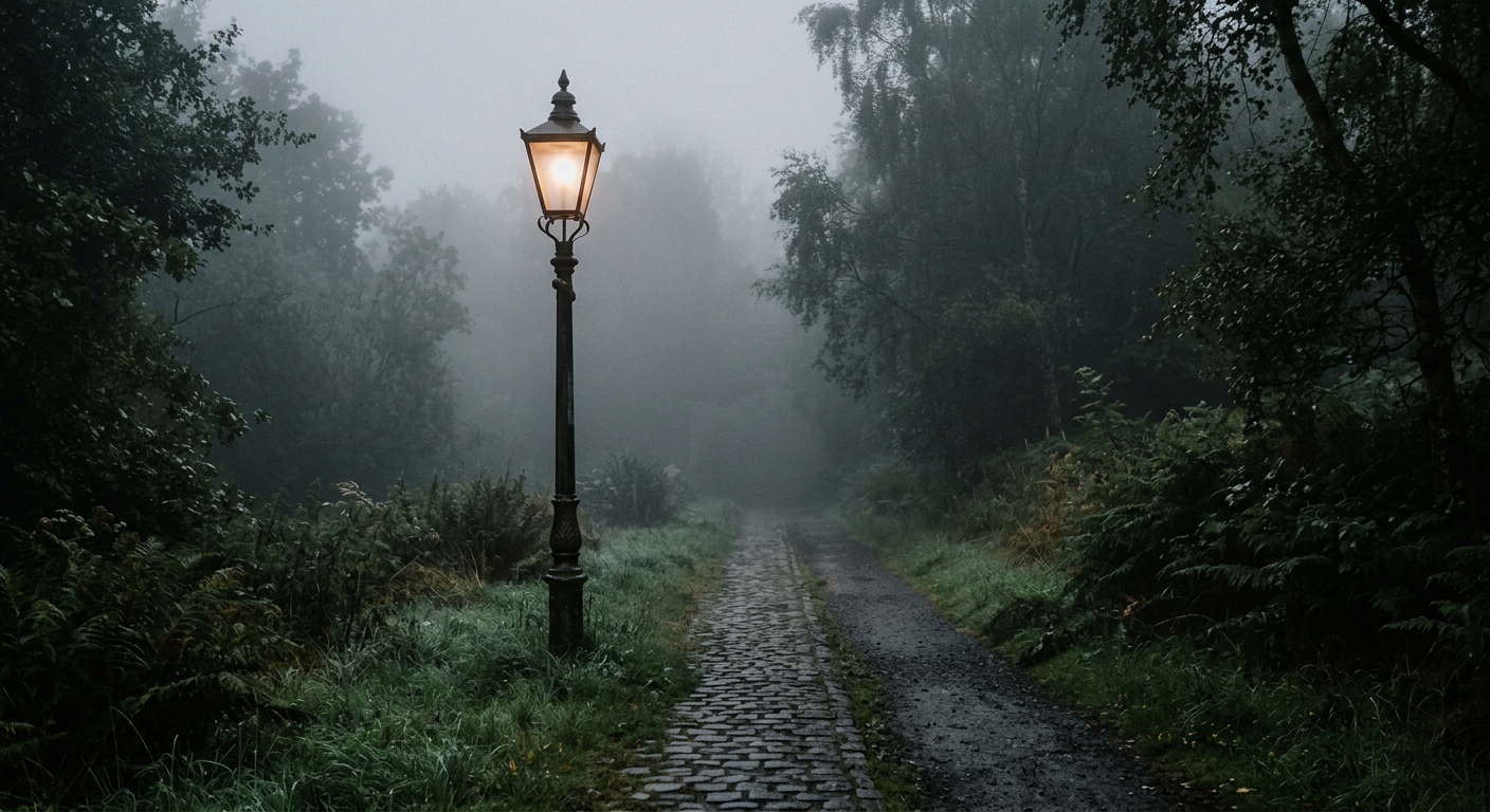 Een eenzame lantaarnpaal in de mist op een dauwige zomerochtend