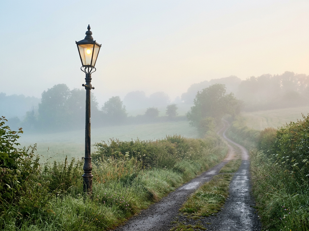 Een eenzame lantaarnpaal in de mist in een dauwige zomerochtend