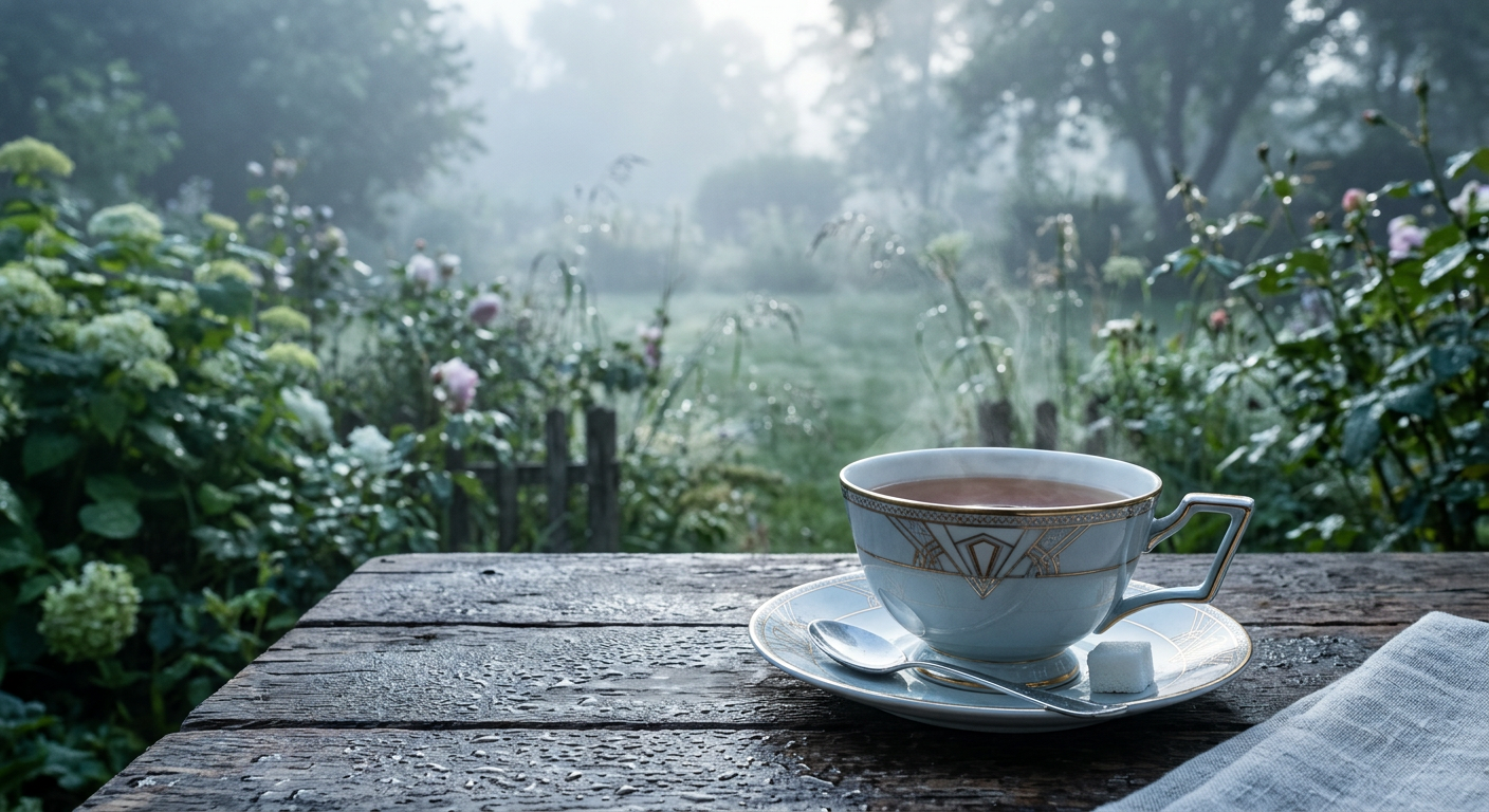 AI generated photo β art deco teacup on a dewy summer morning