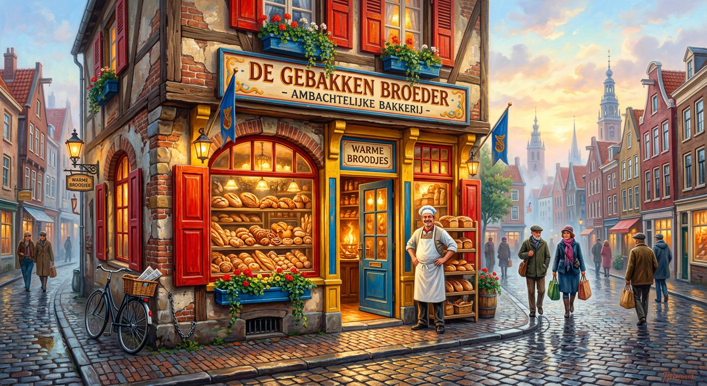 Een oude bakkerij in de stad op een dauwige zomerochtend - AI gegenereerd olieverfschilderij