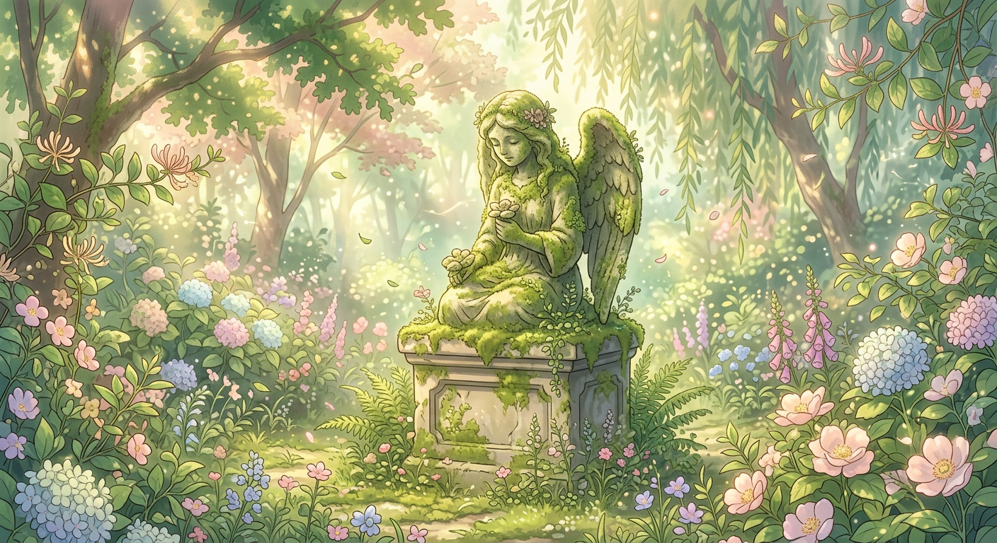 AI generated: met mos begroeid tuinbeeld, anime, dromerig