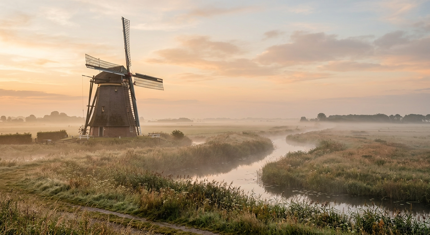 Minimalistische molen bij zonsondergang in een dauwige zomerochtend, AI generated