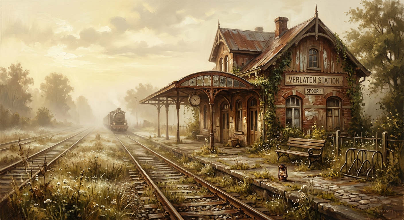 Een verlaten treinstation in een dauwige zomerochtend, impressionistisch, sereen