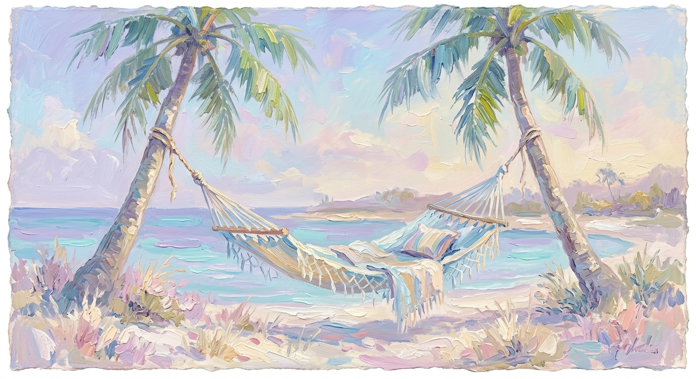 Een hangmat tussen twee palmbomen in impressionistische stijl