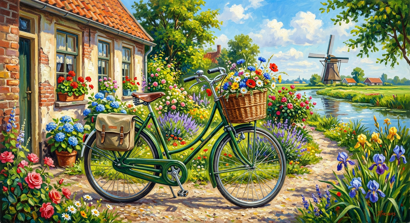Een klassieke fiets in een heldere junidag, olieverfschilderij