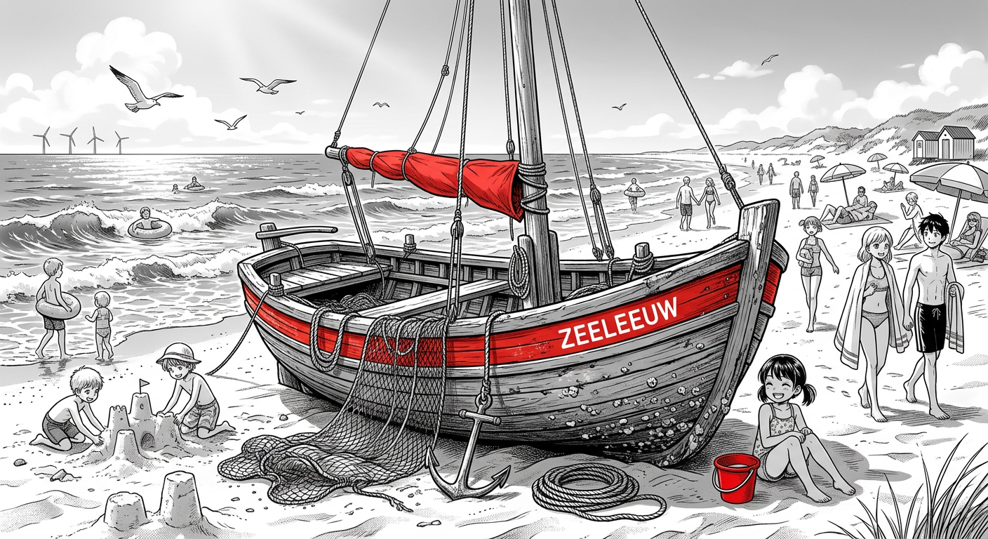 Een oude houten boot op het strand, anime stijl, zwart-wit met een kleuraccent
