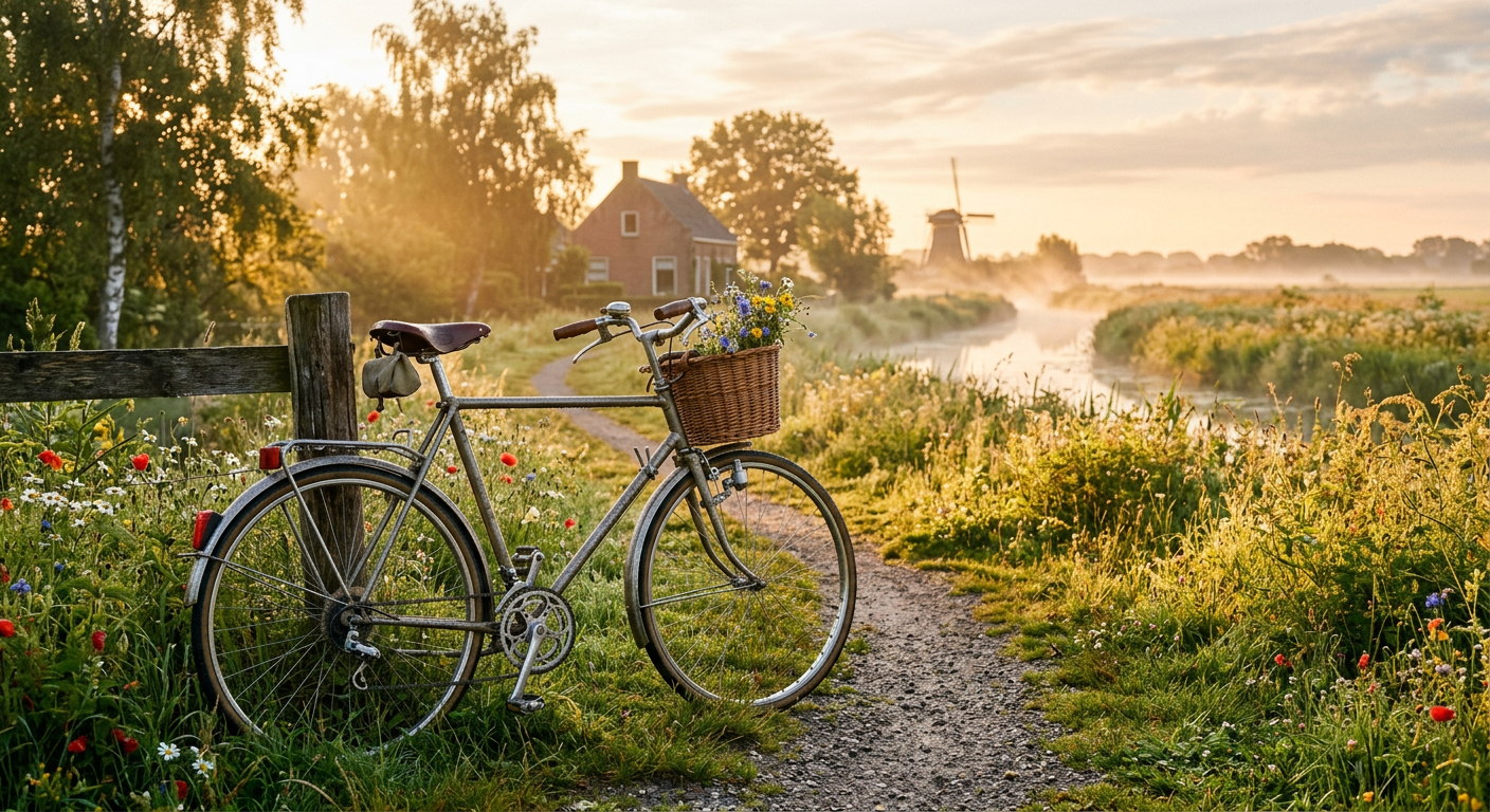 Een klassieke fiets in een dauwige zomerochtend, vintage 35mm film stijl