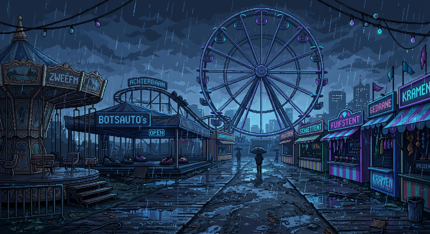 Verlaten kermis op een regenachtige zomeravond - pixel art
