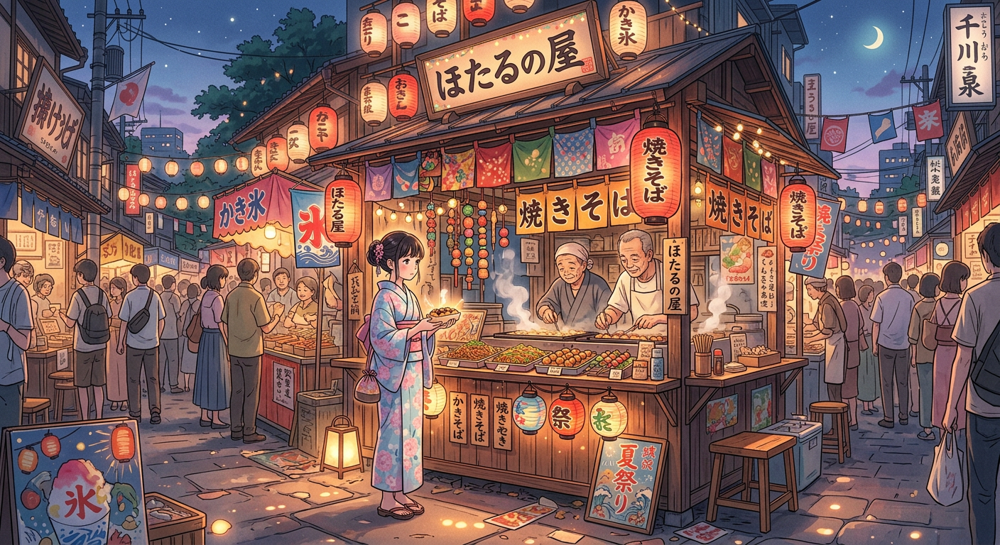 AI generated photo — kleurrijke marktkraam op zwoele zomeravond, anime stijl