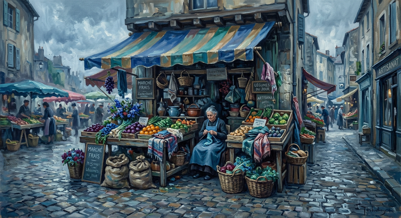 Kleurrijke marktkraam in impressionistische stijl