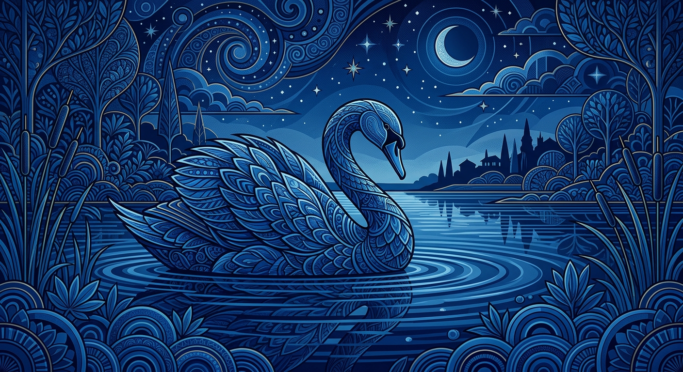 Een rustende zwaan in een zwoele zomeravond, art deco, somber, monochroom blauw