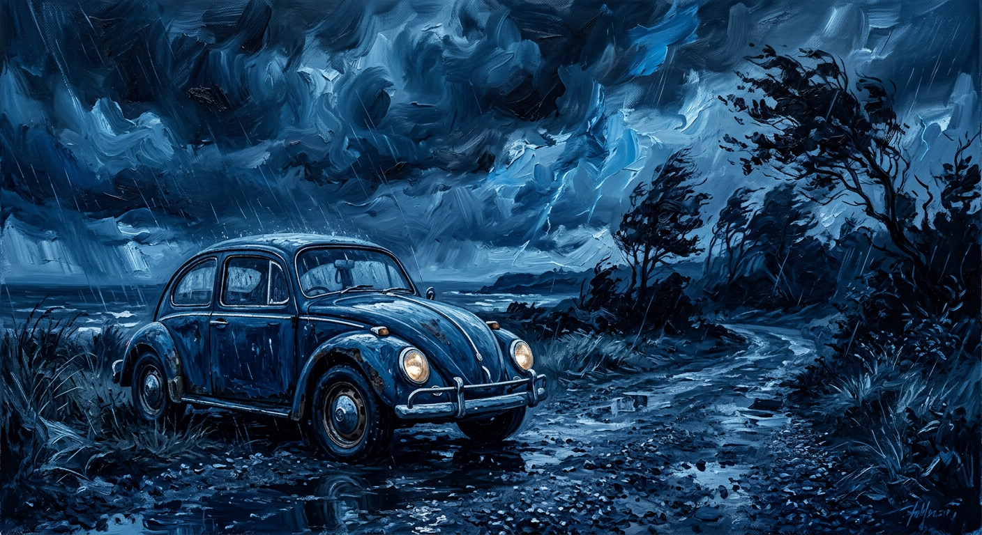 Een oude Volkswagen Kever in een stormachtige zomeravond, impressionistisch, monochroom blauw