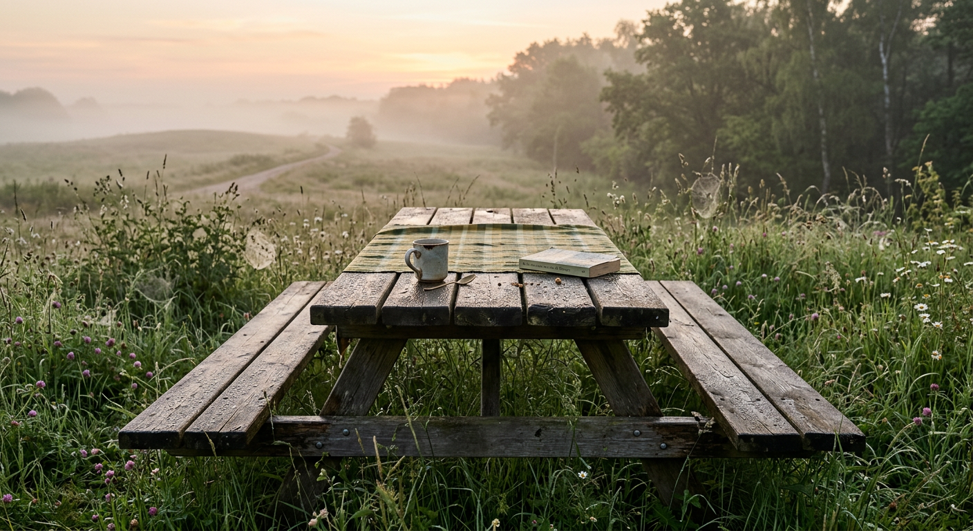 Een verlaten picknicktafel in een dauwige zomerochtend