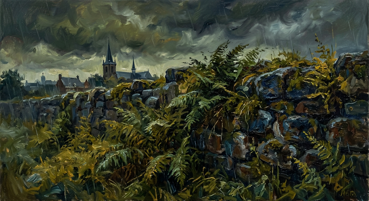 Een oude stenen muur met varens in een stormachtige zomeravond, impressionistisch