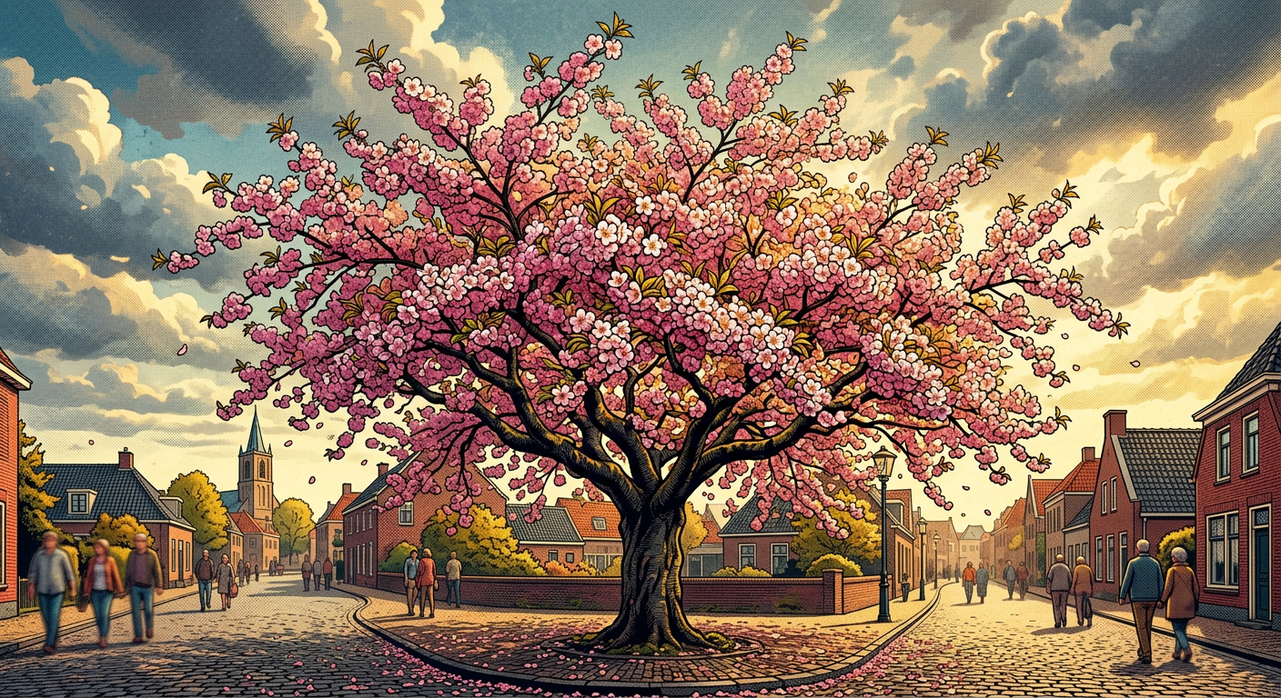 Kersenboom in volle bloei, pop-art, roze en goud