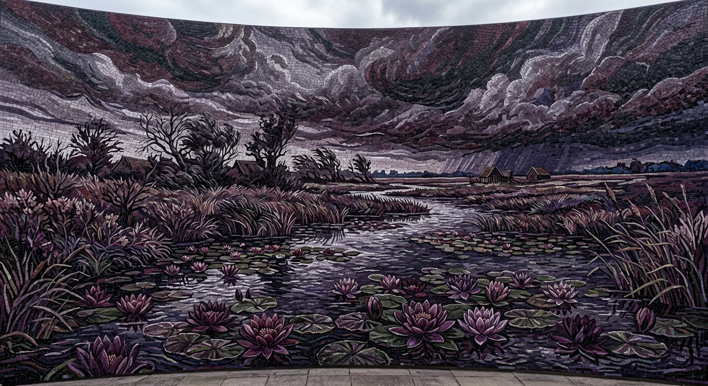 Dagelijkse AI foto 7 augustus 2026 — een verlaten moeras met waterlelies