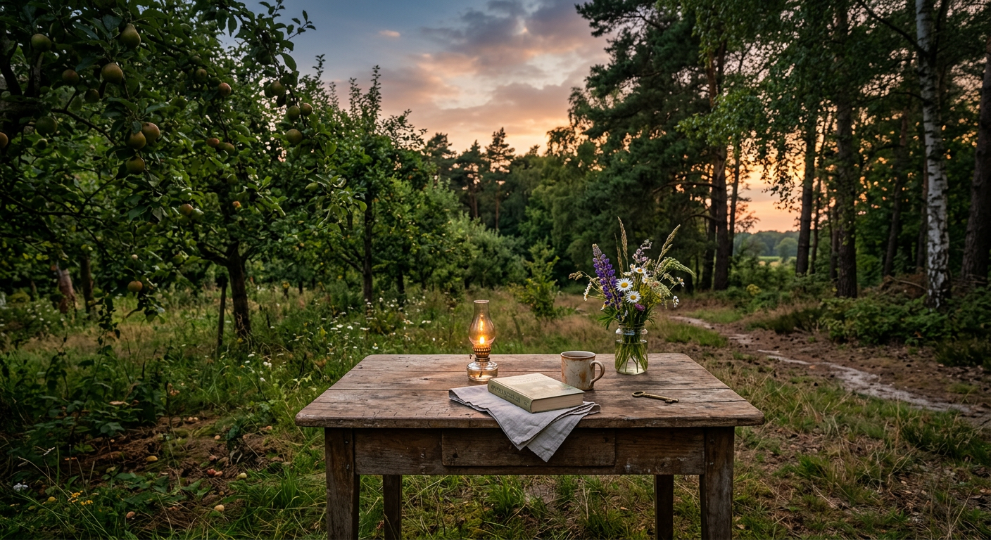 Een oude houten tafel in een boomgaard op een zwoele zomeravond