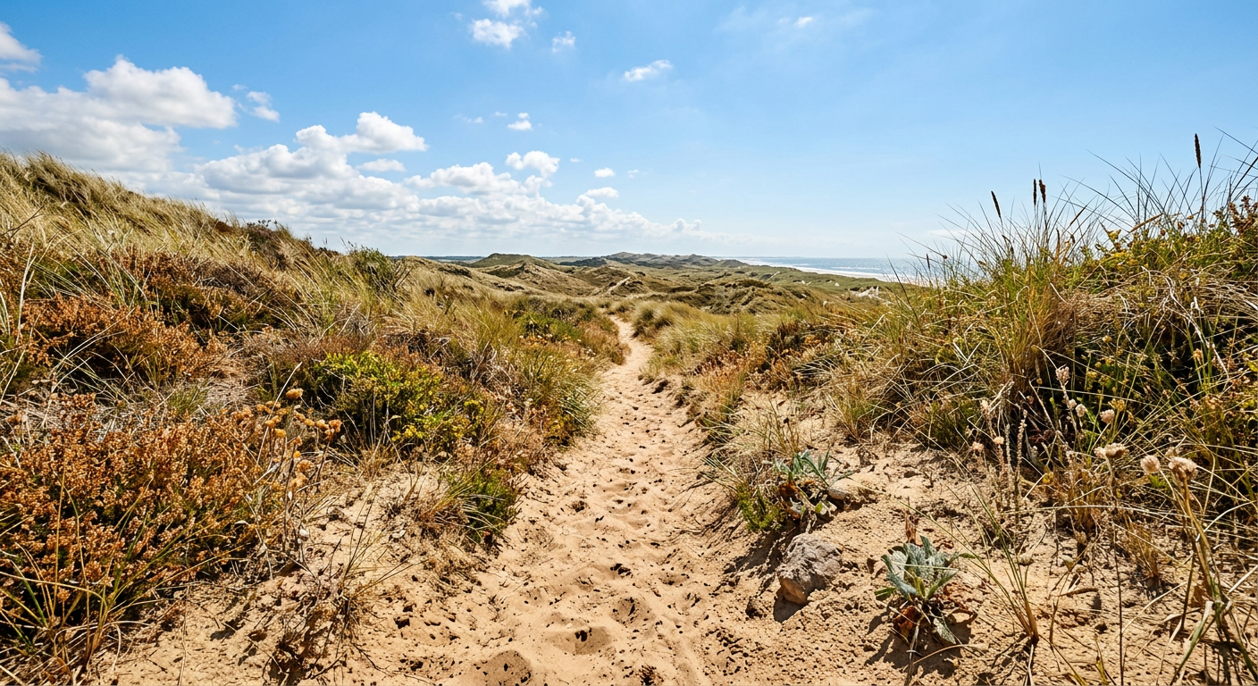 Zandpad door de duinen in een heldere junidag, fotorealistisch, roestbruin en oker