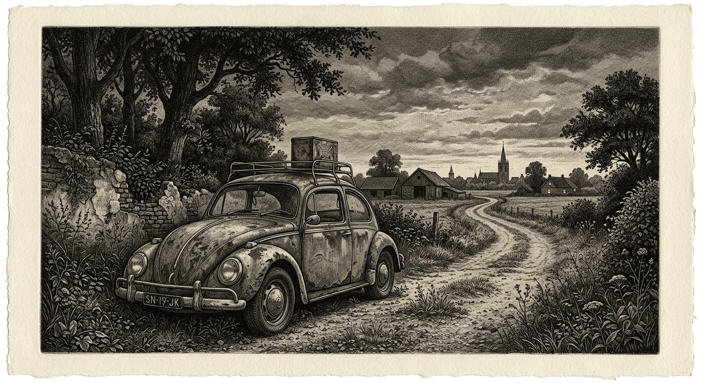 Een oude Volkswagen Kever in een zwoele zomeravond, ets