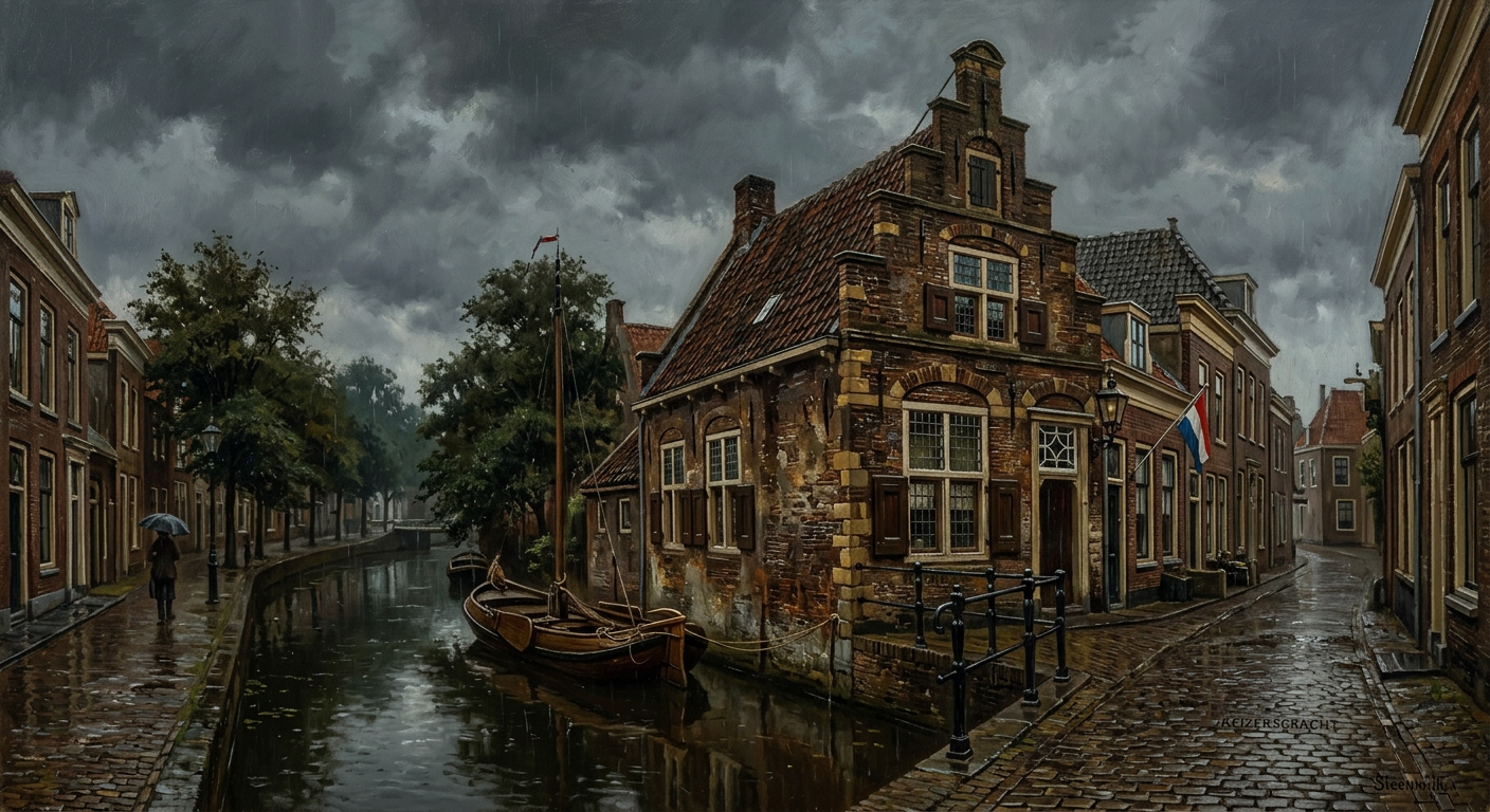 Hollands grachtenpand in een broeierige julimiddag, olieverfschilderij