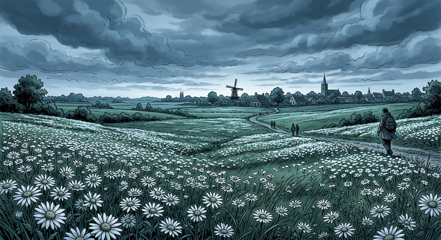 Een veld vol witte madeliefjes in een zwoele zomeravond