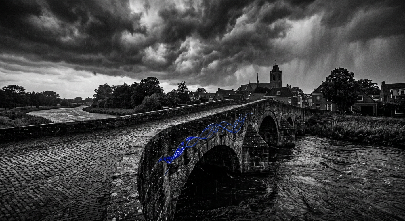 AI generated photo: een oude stenen brug over een rivier in een stormachtige zomeravond