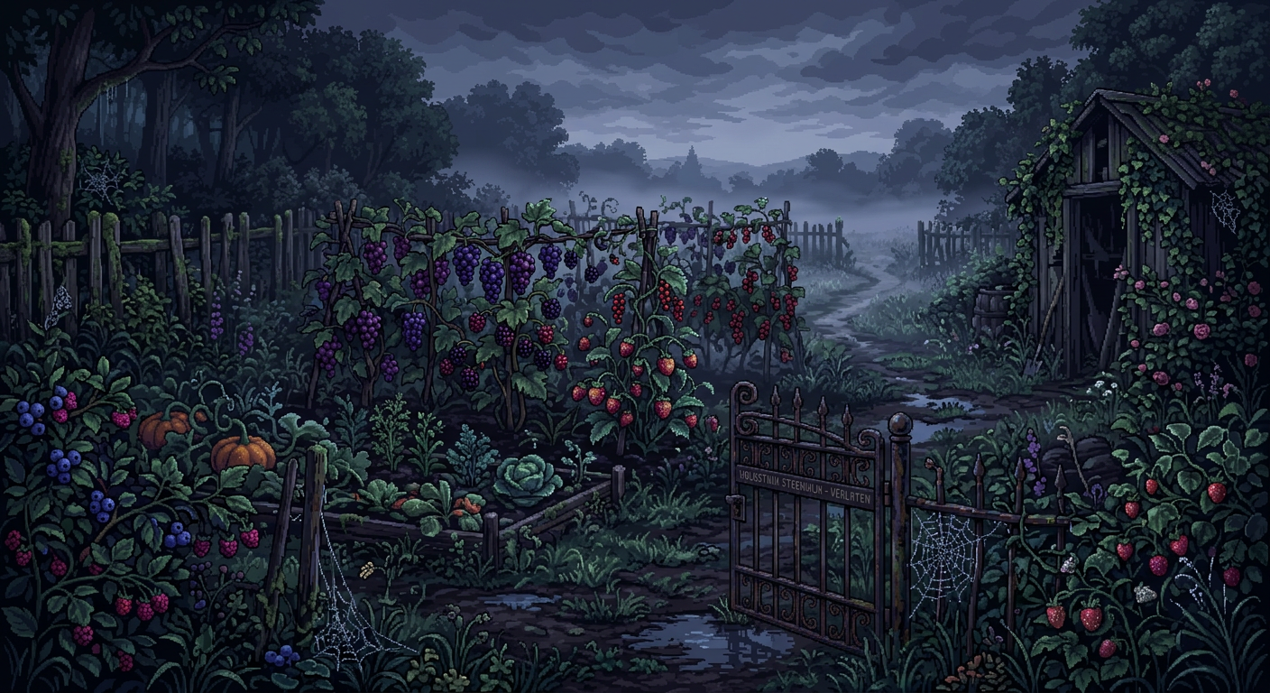 Een verlaten moestuin met rijp fruit in een dauwige zomerochtend, pixel art