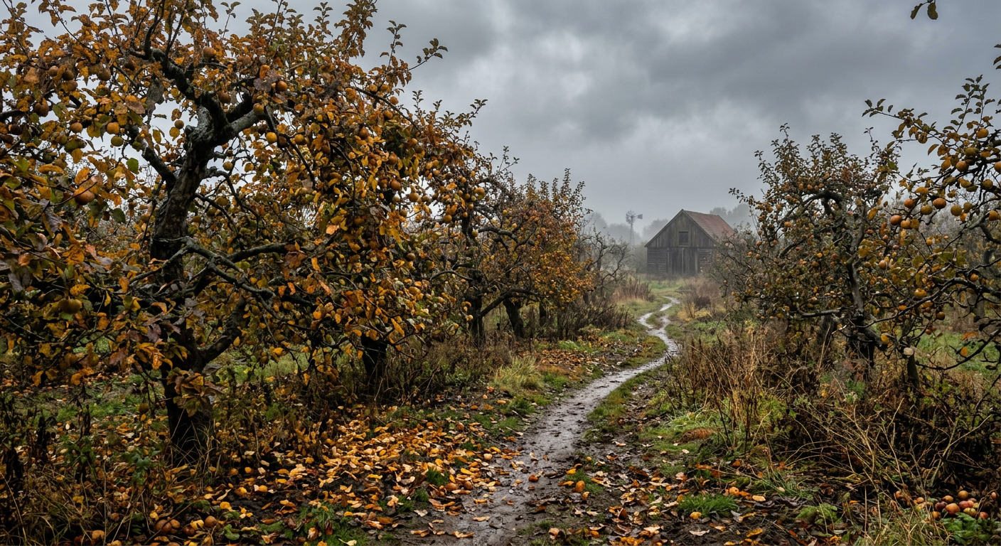 Verlaten boomgaard in gure herfstmiddag