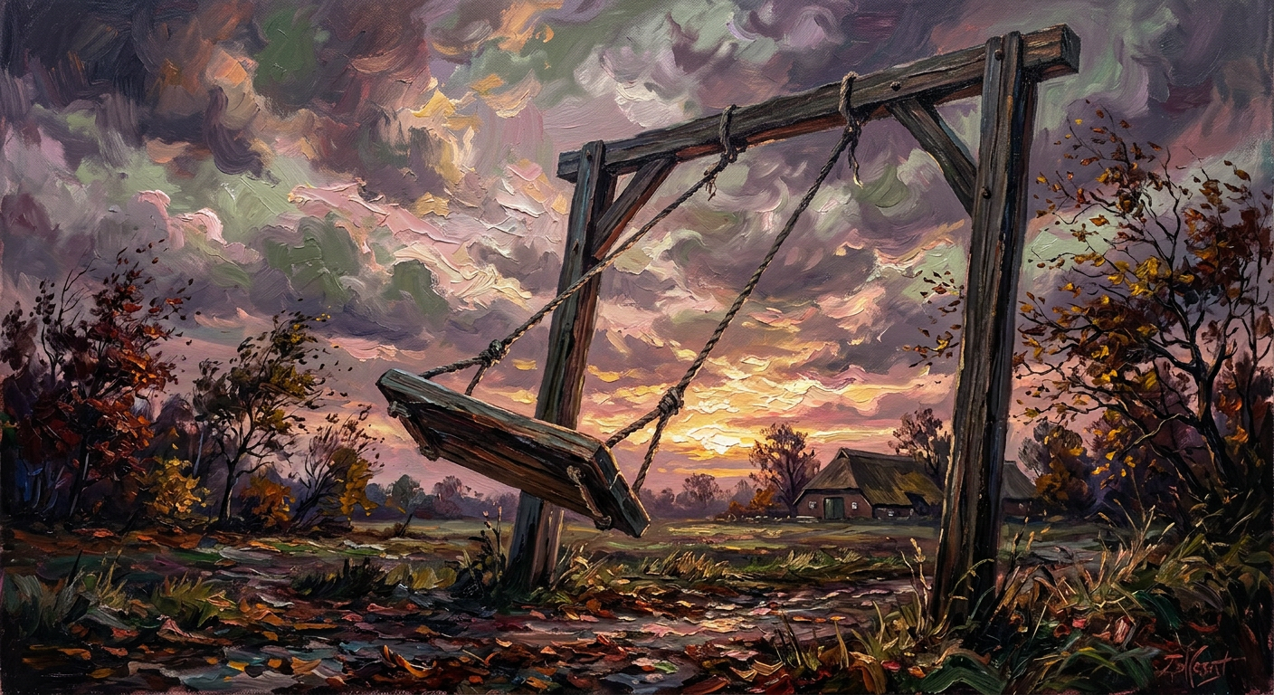 Oude houten schommel in stormachtige herfstavond, olieverfschilderij