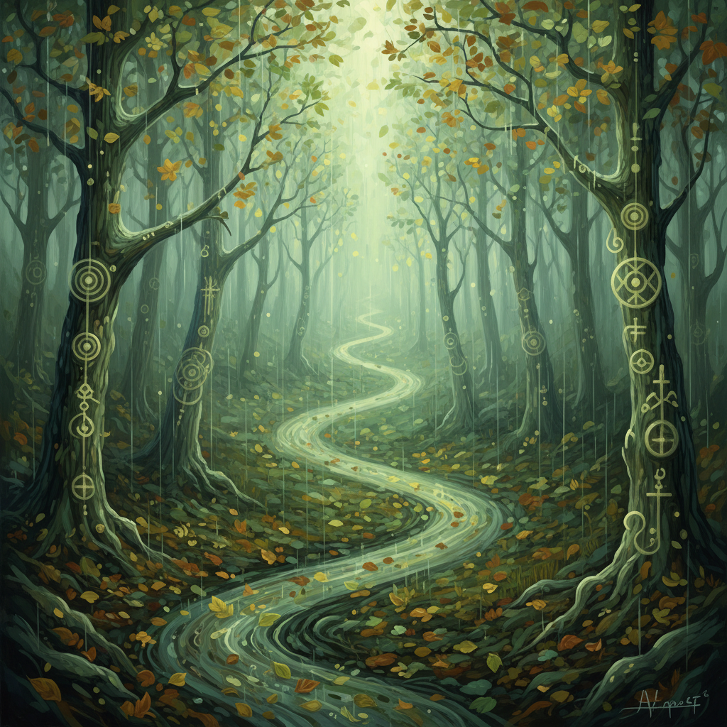 Een kronkelend bospad in een gure herfstmiddag, new age abstract, mysterieus, zachtgroen en mosgroen