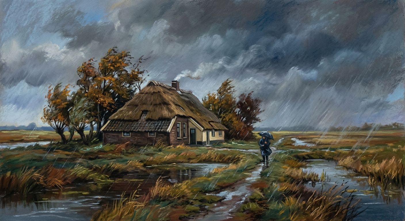 Rietgedekt huisje in de polder op een stormachtige herfstavond, pastelkrijt