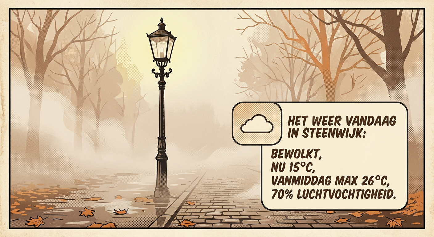 Een eenzame lantaarnpaal in de mist in een mistige herfstochtend, pop-art, nostalgisch, zachte sepia tinten