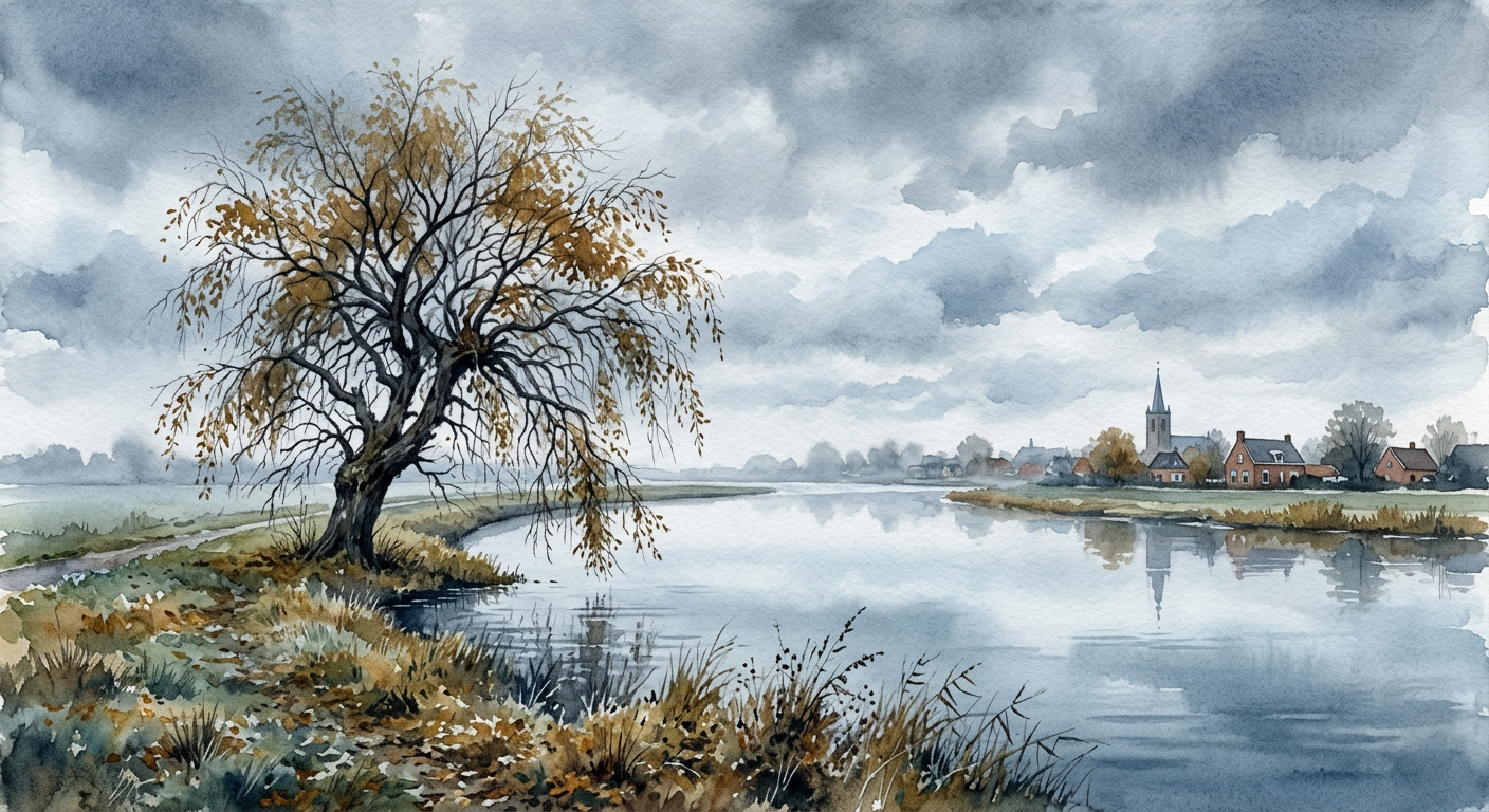 Een eenzame wilg aan het water in een goudkleurige novemberdag, aquarel, dromerig