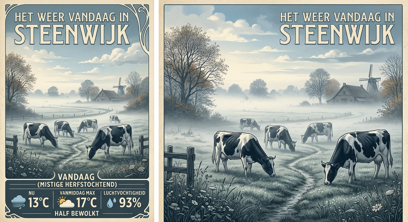 Mistig weiland met koeien in een mistige herfstochtend, retro poster