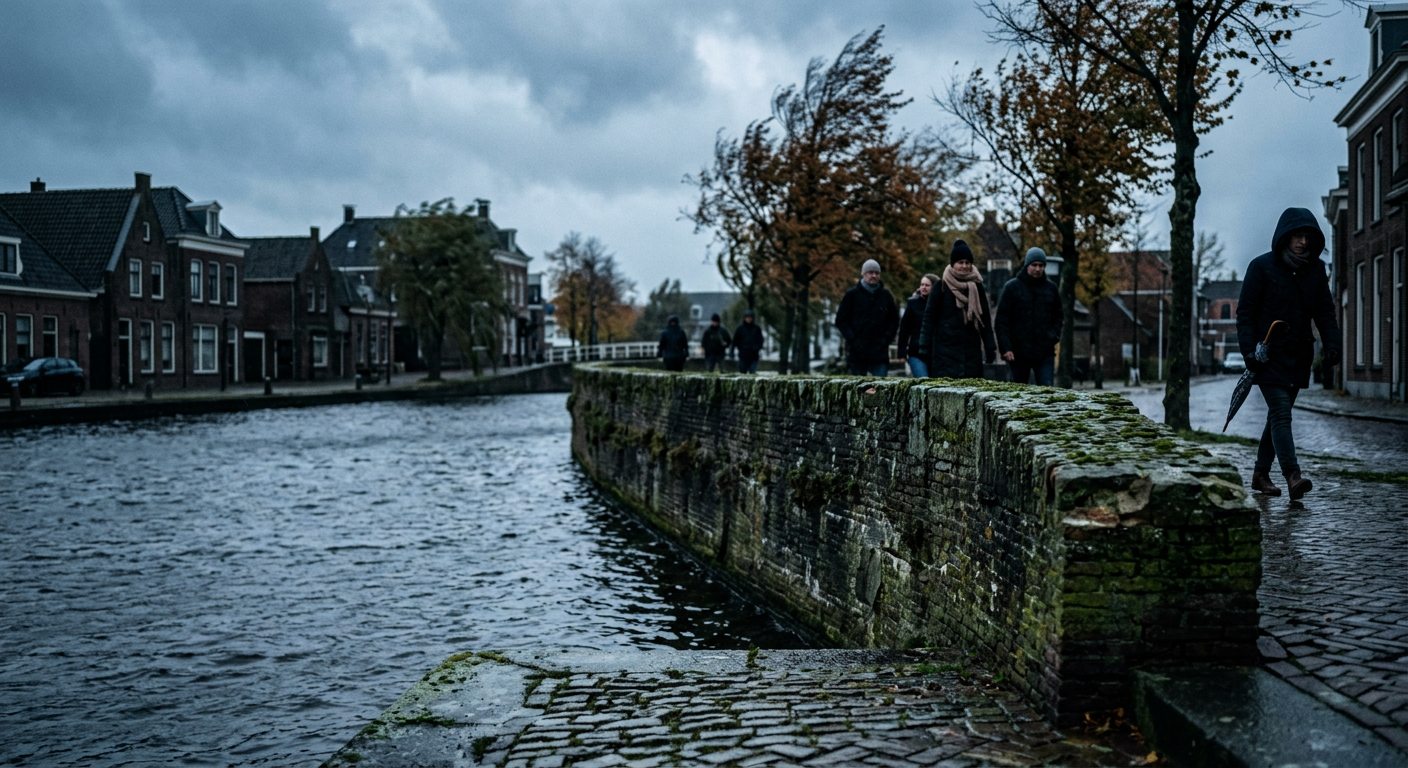 Oude stenen kademuur met mos op een winderige herfstdag in Steenwijk