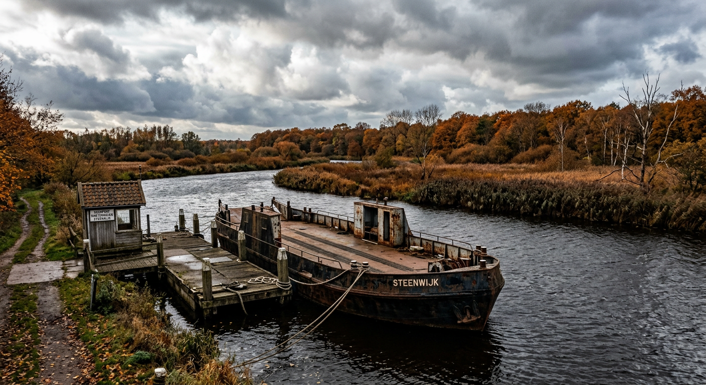 AI gegenereerde foto: een verlaten veerpont over een rivier in herfsttinten