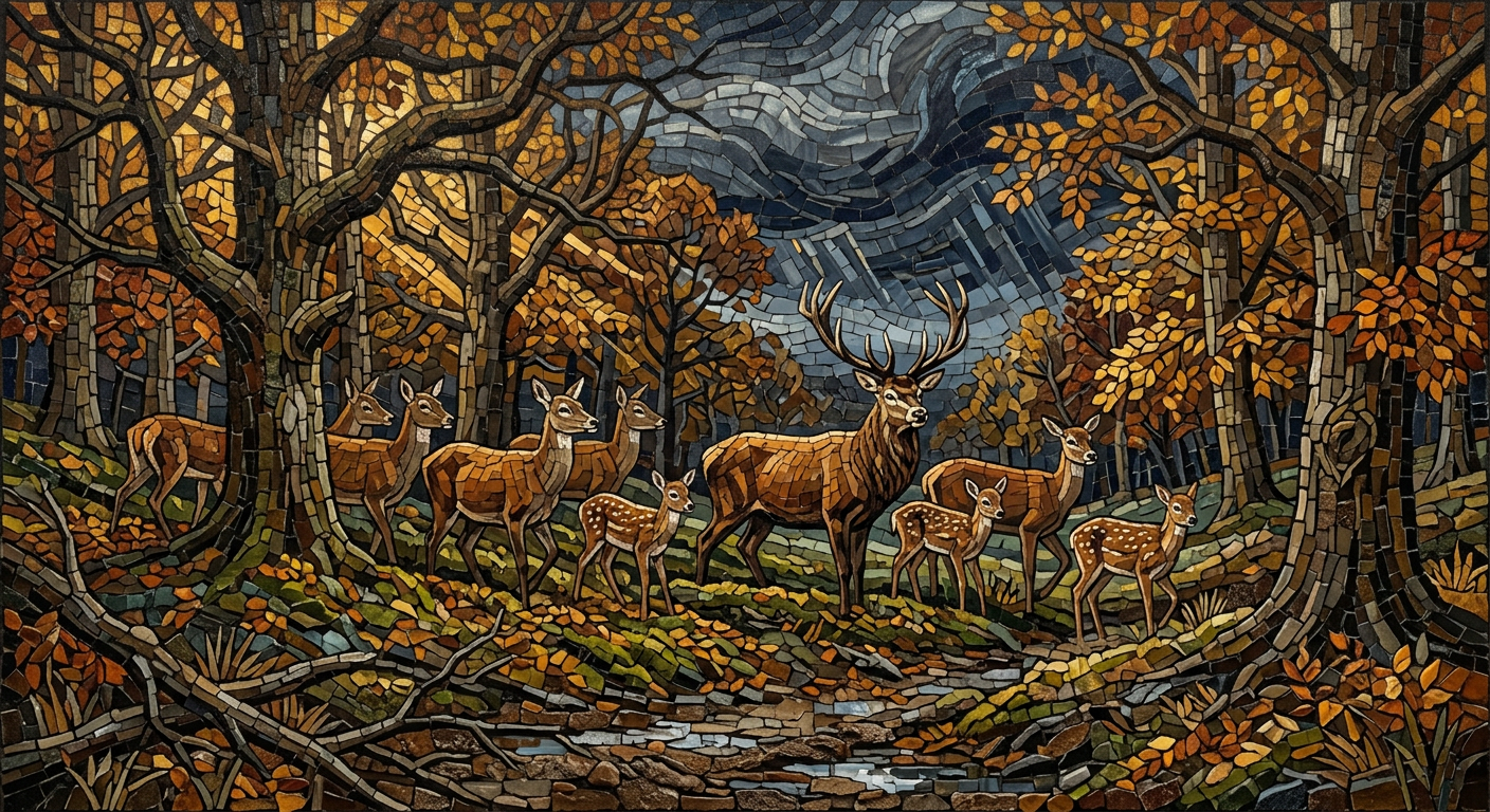 Een kudde herten in een ochtendbos op een stormachtige herfstavond, mozaïek in goud en amber