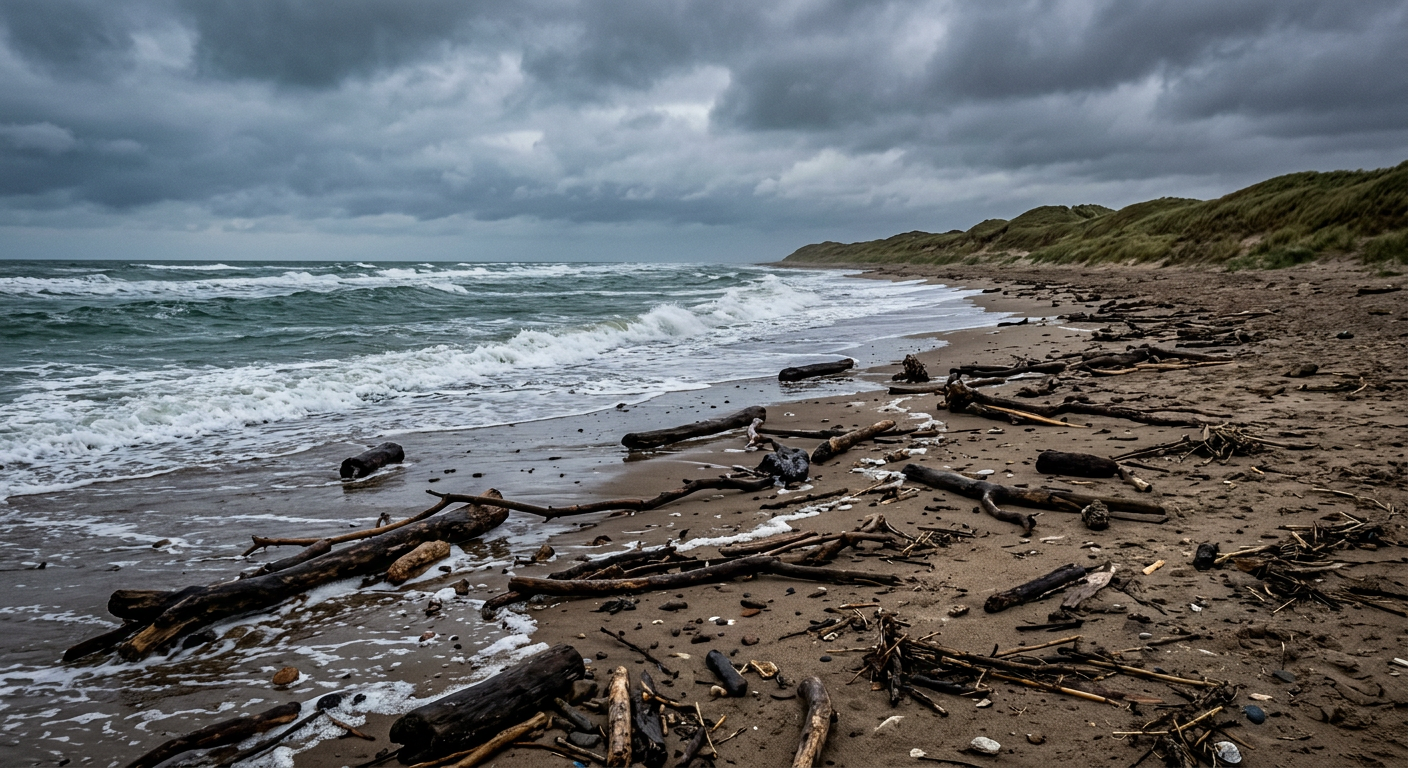 Dagelijkse AI foto 15 september 2026: verlaten strand met aangespoeld hout in een gure herfstmiddag