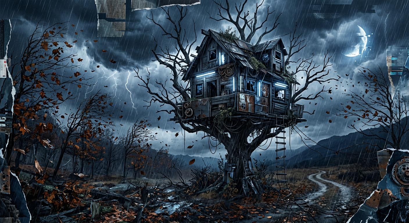 Verlaten boomhut in de herfst, collage in koude blauw-grijze tonen