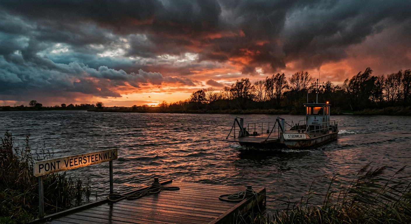 AI-gegenereerde foto: een verlaten veerpont over een rivier in een stormachtige herfstavond
