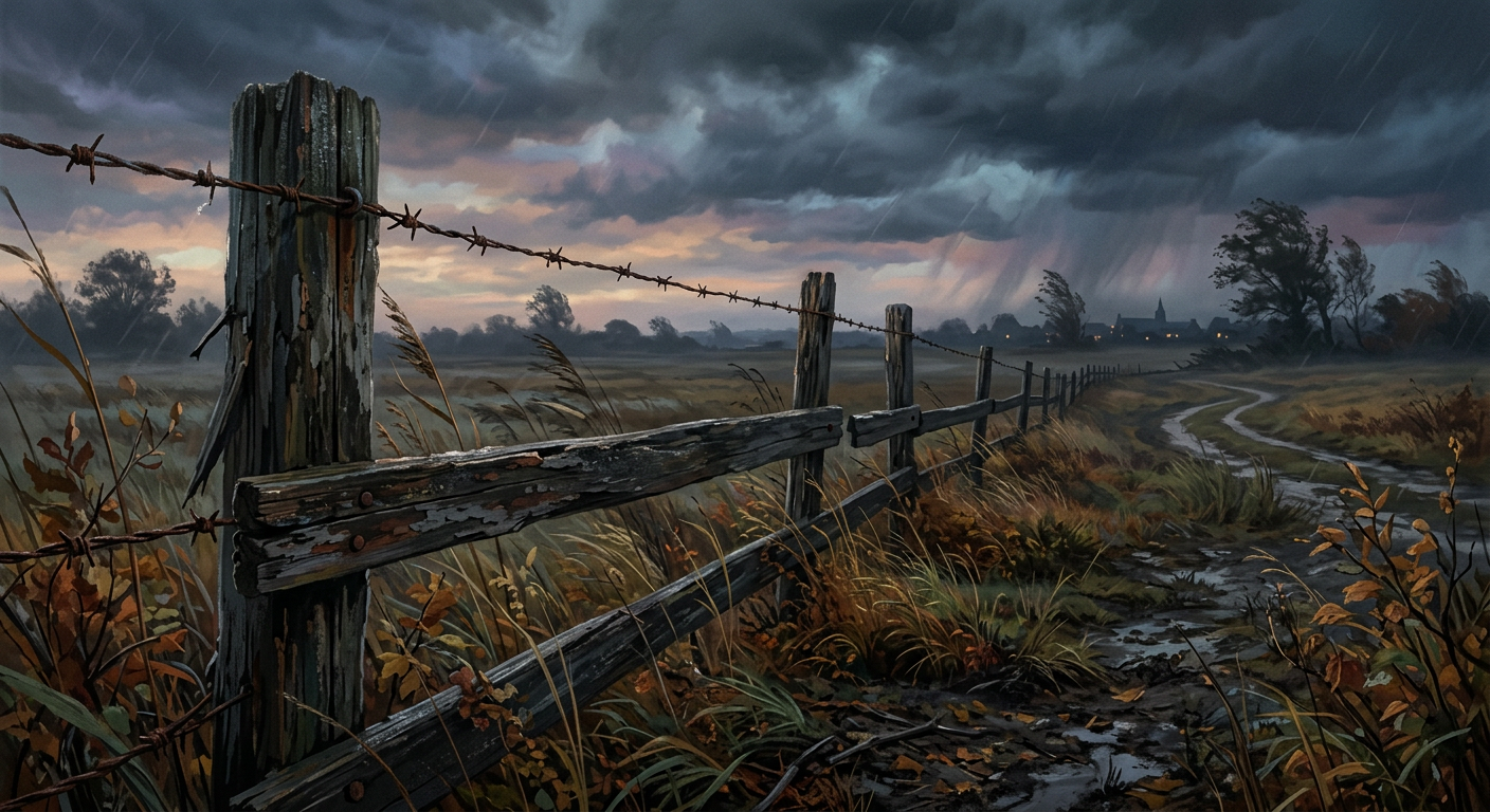 AI gegenereerde foto: oude houten hek met roestig draad in stormachtige herfstavond