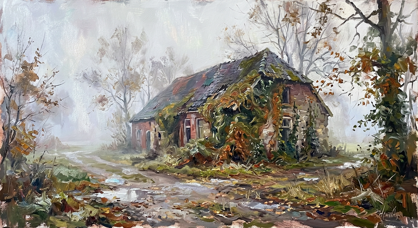 Expressionistisch schilderij van een verlaten boerderij met klimop in een mistige herfstochtend