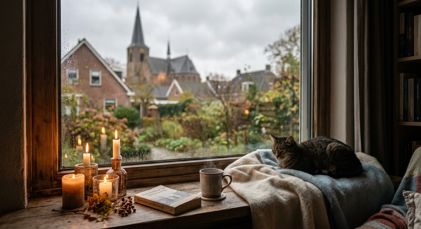 Met kaarsen verlichte vensterbank in de herfst — AI gegenereerde foto