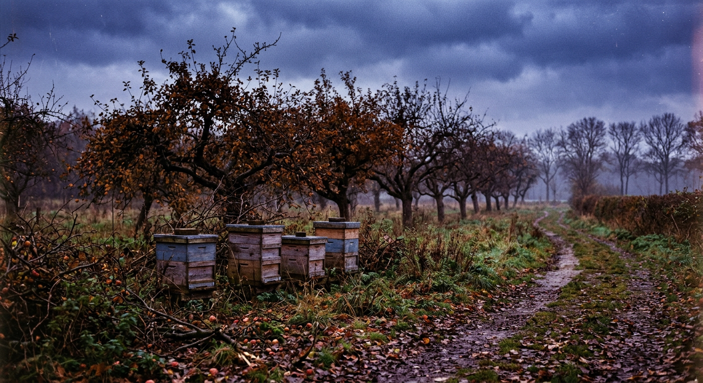 AI gegenereerde foto: verlaten boomgaard met bijenkorven in de herfst