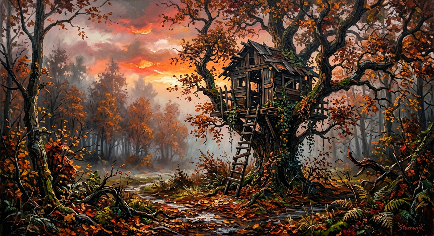 AI kunstwerk: een verlaten boomhut in de herfst, olieverfschilderij bij zonsondergang