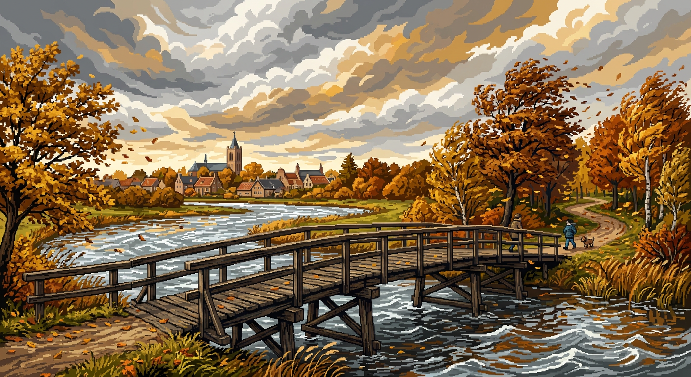AI kunstwerk: een oude houten brug met leuningen in pixel art op een winderige oktoberdag