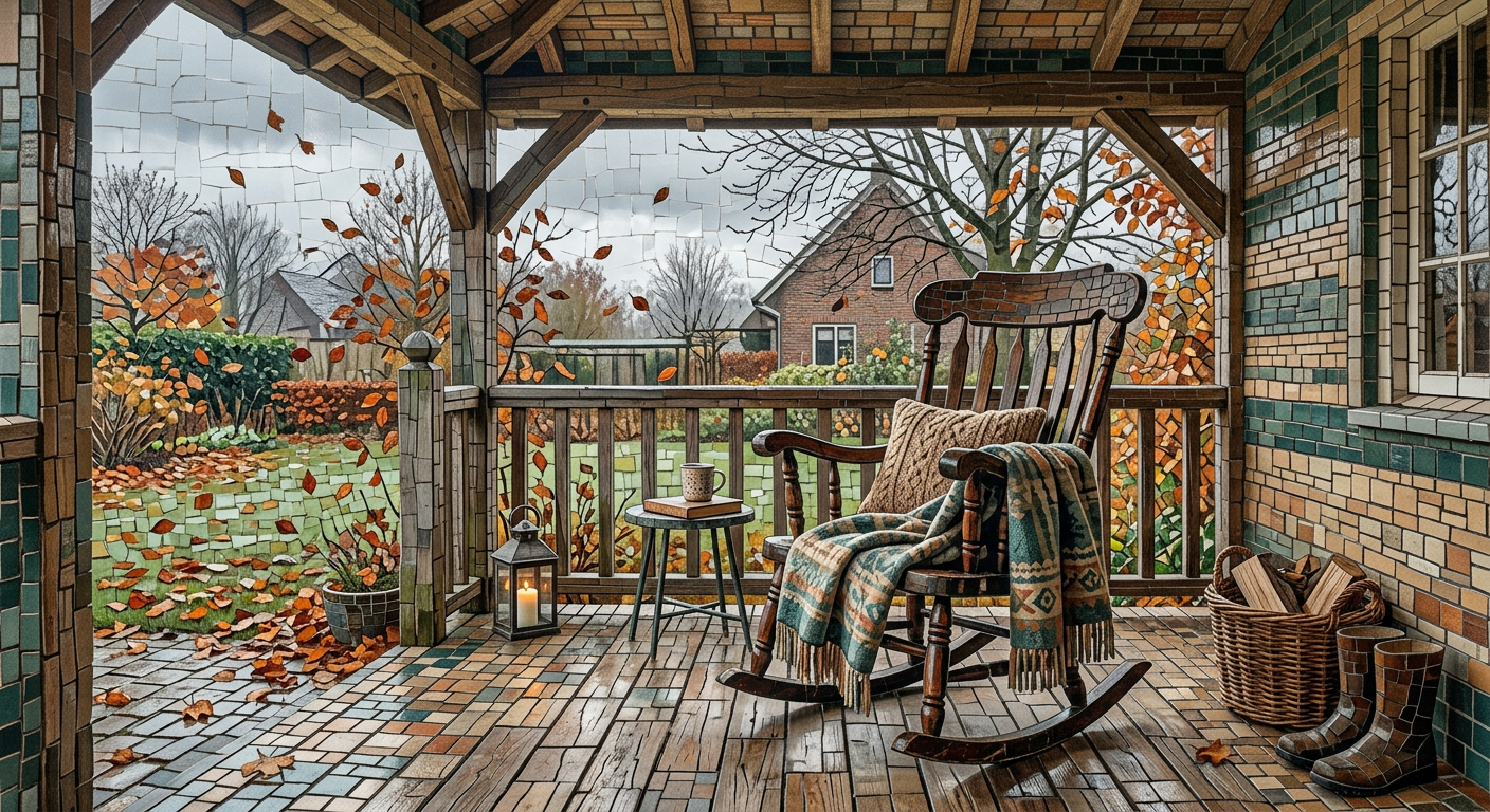 AI kunstwerk: een verlaten schommelstoel op een veranda in mozaïek op een gure herfstmiddag