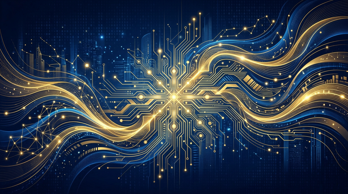 EU AI & Soevereiniteit — abstract digitaal kunstwerk in EU-blauw en goud